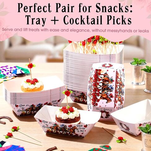 Vesici 100 Set Derby Paper Food Tray with Rose Appetizer Picks Disposable Serving Boats Wood Fruit Cocktail Picks Snacks Holder Trays Appetizer Sticks for Horse Racing Party Decoration Supplies in Saudi Arabia