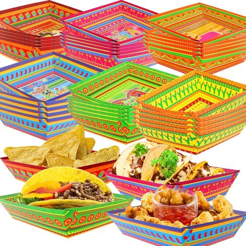 WorldBazaar 30 Pcs Mexican Fiesta Paper Food Trays Cinco De Mayo Large Disposable Plates Taco Nacho Snack Serving Bowl Mexican BBQ Party Supplies in Saudi Arabia