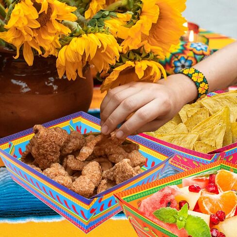 WorldBazaar 30 Pcs Mexican Fiesta Paper Food Trays Cinco De Mayo Large Disposable Plates Taco Nacho Snack Serving Bowl Mexican BBQ Party Supplies in Saudi Arabia