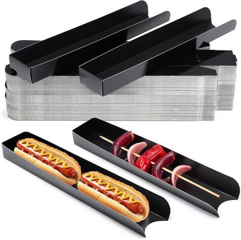 Layhit 100 Pcs Hot Dog Trays Disposable 11.8 x 2 x 1.2 Inch Open Hot Dog Containers Paper Serving Trays Hotdog Holder for Nachos Tacos Fries BBQ Festivals Party Greaseproof (Regular,Black) in Saudi Arabia