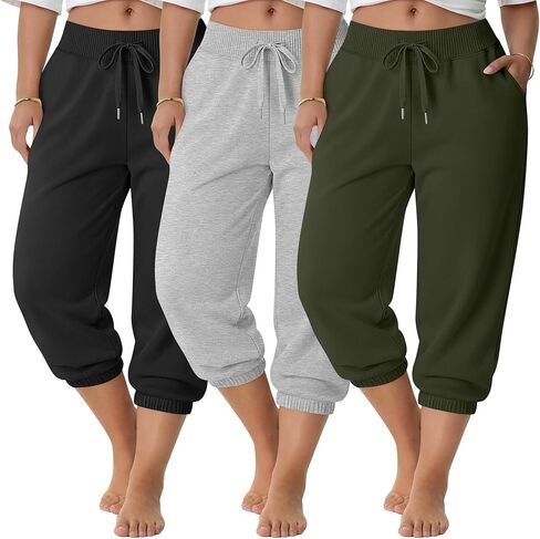 3 Pack Women's Plus Size Capri Sweatpants Athletic Joggers Cropped Lounge Pants Elastic Drawstring with Pockets in Saudi Arabia