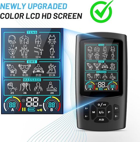وحدة تحفيز العضلات TENS مع شاشة ملونة - محفز العضلات EMS ثنائي القناة، 28 وضعًا للعلاج، 40 مستوى كثافة، 8 وسادات كهربائية وحقيبة EVA (8 قطع وسادات كهربائية) in Kuwait