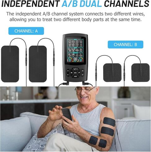 وحدة تحفيز العضلات TENS مع شاشة ملونة - محفز العضلات EMS ثنائي القناة، 28 وضعًا للعلاج، 40 مستوى كثافة، 8 وسادات كهربائية وحقيبة EVA (8 قطع وسادات كهربائية) in Kuwait