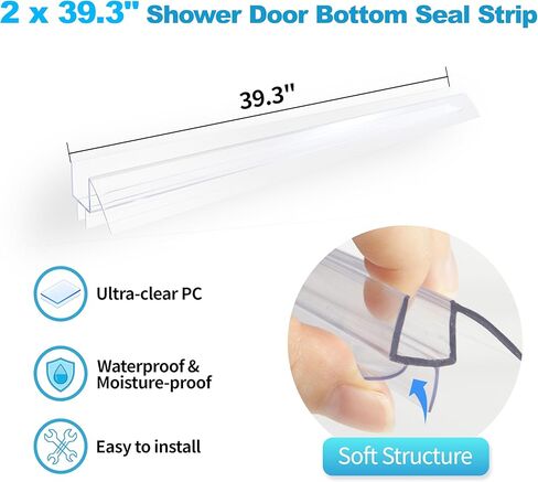 شريط عازل سفلي لباب الدش بدون إطار لزجاج 3/8 بوصة (10 مم)، 39.3 بوصة، حاجز دش من البولي كربونات فائق الوضوح، حاجز حماية المياه in Kuwait