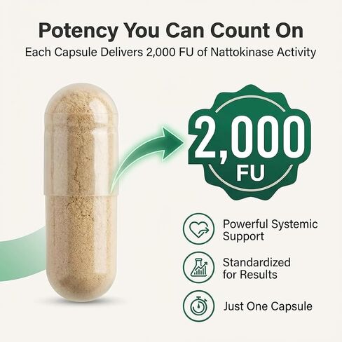 Nattokinase 2,000 FU (100mg) مكمل لصحة القلب والدورة الدموية - تدفق الدم ودعم القلب والأوعية الدموية - إنزيم نظامي من الناتو المخمر - نباتي، غير معدل وراثيًا - 60 كبسولة نباتية تكفي لمدة شهرين in Kuwait