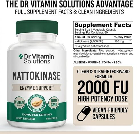 Nattokinase 2,000 FU (100mg) مكمل لصحة القلب والدورة الدموية - تدفق الدم ودعم القلب والأوعية الدموية - إنزيم نظامي من الناتو المخمر - نباتي، غير معدل وراثيًا - 60 كبسولة نباتية تكفي لمدة شهرين in Kuwait