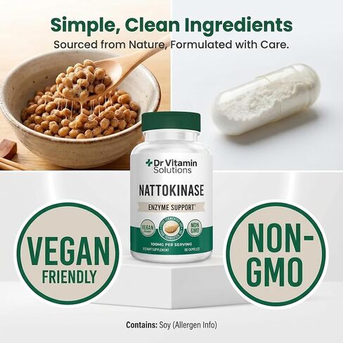 Nattokinase 2,000 FU (100mg) مكمل لصحة القلب والدورة الدموية - تدفق الدم ودعم القلب والأوعية الدموية - إنزيم نظامي من الناتو المخمر - نباتي، غير معدل وراثيًا - 60 كبسولة نباتية تكفي لمدة شهرين in Kuwait