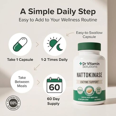 Nattokinase 2,000 FU (100mg) مكمل لصحة القلب والدورة الدموية - تدفق الدم ودعم القلب والأوعية الدموية - إنزيم نظامي من الناتو المخمر - نباتي، غير معدل وراثيًا - 60 كبسولة نباتية تكفي لمدة شهرين in Kuwait