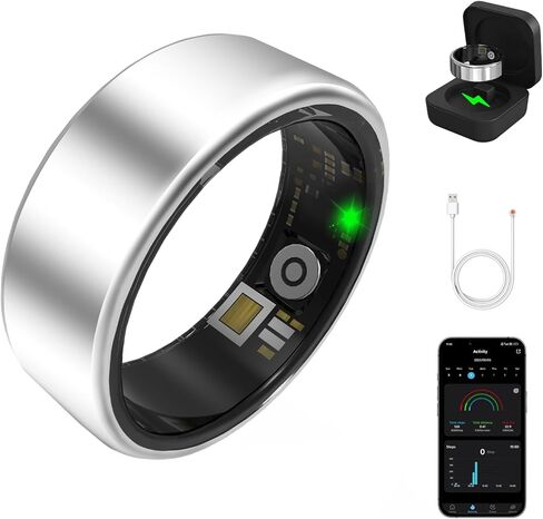حلقة ذكية لتتبع اللياقة البدنية للنساء والرجال مع معدل ضربات القلب، أكسجين الدم، الخطوة، مراقبة النوم، حلقة اللياقة البدنية المقاومة للماء IP68 تدعم التحكم بالإيماءات، بدون رسوم تطبيق لأجهزة iPhone وAndroid، فضي 7 in Kuwait