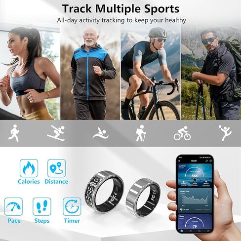 حلقة ذكية لتتبع اللياقة البدنية للنساء والرجال مع معدل ضربات القلب، أكسجين الدم، الخطوة، مراقبة النوم، حلقة اللياقة البدنية المقاومة للماء IP68 تدعم التحكم بالإيماءات، بدون رسوم تطبيق لأجهزة iPhone وAndroid، فضي 7 in Kuwait