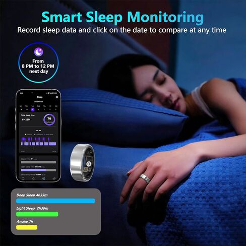 حلقة ذكية لتتبع اللياقة البدنية للنساء والرجال مع معدل ضربات القلب، أكسجين الدم، الخطوة، مراقبة النوم، حلقة اللياقة البدنية المقاومة للماء IP68 تدعم التحكم بالإيماءات، بدون رسوم تطبيق لأجهزة iPhone وAndroid، فضي 7 in Kuwait