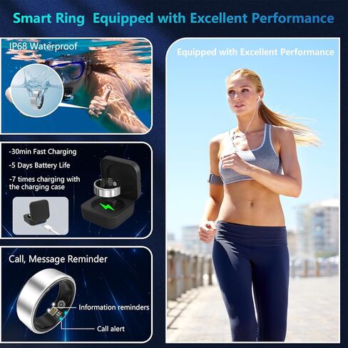 حلقة ذكية لتتبع اللياقة البدنية للنساء والرجال مع معدل ضربات القلب، أكسجين الدم، الخطوة، مراقبة النوم، حلقة اللياقة البدنية المقاومة للماء IP68 تدعم التحكم بالإيماءات، بدون رسوم تطبيق لأجهزة iPhone وAndroid، فضي 7 in Kuwait
