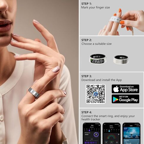حلقة ذكية لتتبع اللياقة البدنية للنساء والرجال مع معدل ضربات القلب، أكسجين الدم، الخطوة، مراقبة النوم، حلقة اللياقة البدنية المقاومة للماء IP68 تدعم التحكم بالإيماءات، بدون رسوم تطبيق لأجهزة iPhone وAndroid، فضي 7 in Kuwait