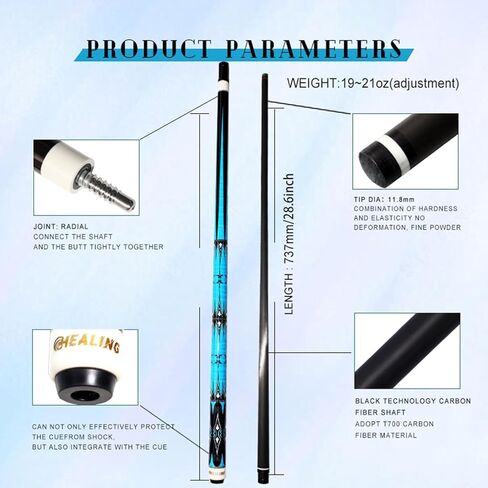عصا بلياردو من ألياف الكربون، عصا لعب برأس 11.8 مم، عمود من ألياف الكربون بنسبة 100%، 1/2 عصا بلياردو احترافية، 58 بوصة مع موصل 8 أسنان لعشاق البلياردو in Kuwait