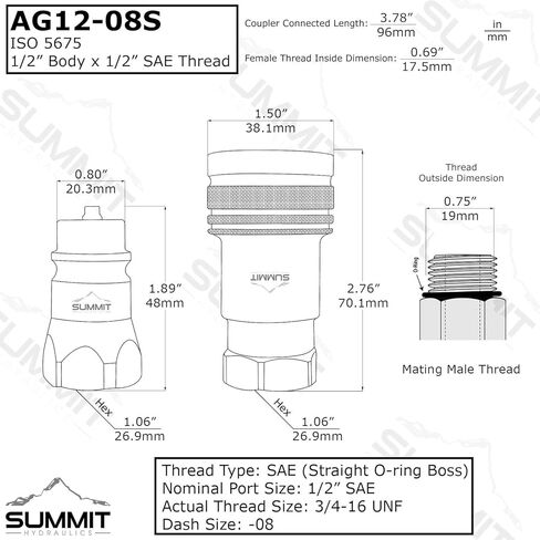1/2" SAE Ag ISO 5675 Hydraulic Quick Connect Tractor Couplers (3/4-16 UNF ORB) Poppet Pioneer Style w/Dust Caps in Saudi Arabia