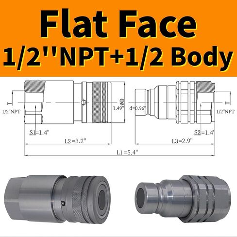 1/2 بوصة NPT قارنات التوصيل/الوصلات ذات الوجه المسطح Bobcat Skid Steer الهيدروليكية سريعة التوصيل قارنة التوصيل الهيدروليكية سريعة الإصدار ISO16028 مع أغطية الغبار، 1/2 بوصة الجسم + 1/2 بوصة NPT in Kuwait