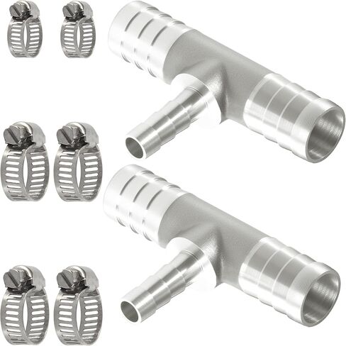 Nickel Plated Brass Reducing Tee Hose Barb, 1/2" X 1/4" X 1/2" ID, 3-Way Connector with Stainless Steel Clamp for Fuel, Coolant, Air & Vacuum Lines, Corrosion-Resistant (Pack of 2) in Kuwait