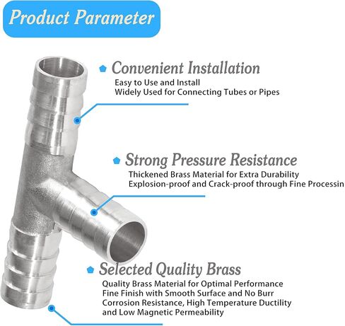 Nickel Plated Brass Reducing Tee Hose Barb, 1/2" X 1/4" X 1/2" ID, 3-Way Connector with Stainless Steel Clamp for Fuel, Coolant, Air & Vacuum Lines, Corrosion-Resistant (Pack of 2) in Kuwait