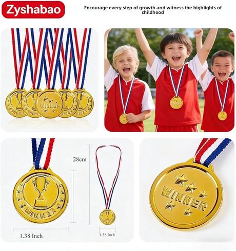 24 قطعة من الميداليات البلاستيكية الذهبية للجوائز، خفيفة الوزن صغيرة الحجم 1.38 بوصة كأس وميداليات فائزة للأطفال، مع شريط قلادة بتصميم سريع in Kuwait