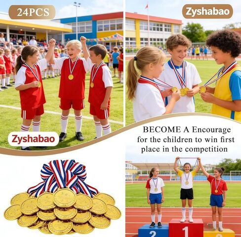 24 قطعة من الميداليات البلاستيكية الذهبية للجوائز، خفيفة الوزن صغيرة الحجم 1.38 بوصة كأس وميداليات فائزة للأطفال، مع شريط قلادة بتصميم سريع in Kuwait