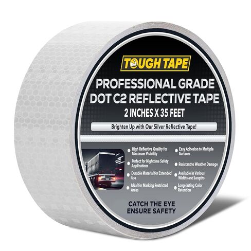 DOT C2 شريط عاكس للسلامة 2 بوصة × 35 قدم - شريط واضح مقاوم للماء في الهواء الطلق - شريط عاكس فضي للمقطورات والمركبات والقوارب - أمان عاكس قوي لعلامات التحذير التحذيرية in Kuwait