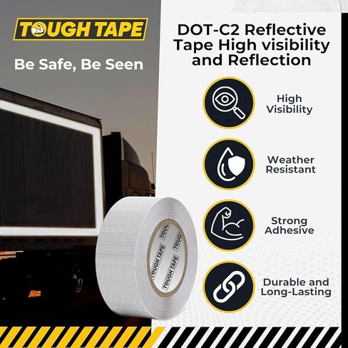 DOT C2 شريط عاكس للسلامة 2 بوصة × 35 قدم - شريط واضح مقاوم للماء في الهواء الطلق - شريط عاكس فضي للمقطورات والمركبات والقوارب - أمان عاكس قوي لعلامات التحذير التحذيرية in Kuwait
