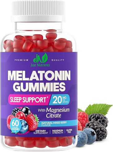 علكات الميلاتونين 20 ملغ مع سيترات المغنيسيوم - مساعدة قوية على النوم للبالغين مع 10 ملغ من الميلاتونين لكل علكة - خالية من الغلوتين، غير معدلة وراثيًا، نباتية، نكهة التوت المختلطة - 60 علكة in Kuwait