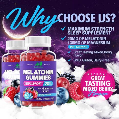 علكات الميلاتونين 20 ملغ مع سيترات المغنيسيوم - مساعدة قوية على النوم للبالغين مع 10 ملغ من الميلاتونين لكل علكة - خالية من الغلوتين، غير معدلة وراثيًا، نباتية، نكهة التوت المختلطة - 60 علكة in Kuwait