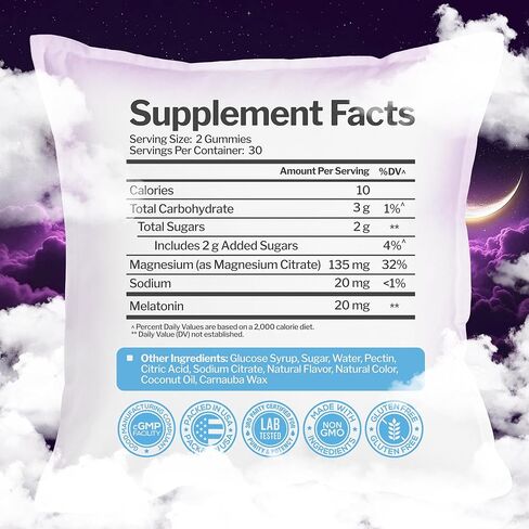 علكات الميلاتونين 20 ملغ مع سيترات المغنيسيوم - مساعدة قوية على النوم للبالغين مع 10 ملغ من الميلاتونين لكل علكة - خالية من الغلوتين، غير معدلة وراثيًا، نباتية، نكهة التوت المختلطة - 60 علكة in Kuwait