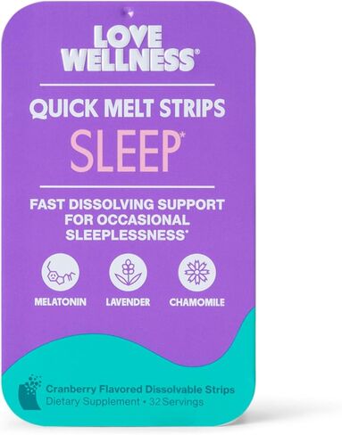 شرائح Love Wellness Sleep* سريعة الذوبان - دعم النوم سريع الذوبان مع الميلاتونين والنباتات المهدئة - تعزز النوم المريح* - لا حاجة إلى الماء - نباتي وخالي من السكر - 32 شريطًا in Kuwait