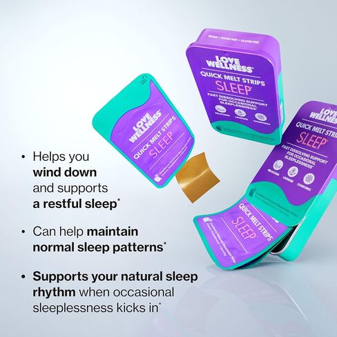 شرائح Love Wellness Sleep* سريعة الذوبان - دعم النوم سريع الذوبان مع الميلاتونين والنباتات المهدئة - تعزز النوم المريح* - لا حاجة إلى الماء - نباتي وخالي من السكر - 32 شريطًا in Kuwait