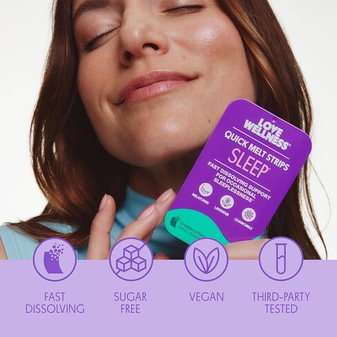 شرائح Love Wellness Sleep* سريعة الذوبان - دعم النوم سريع الذوبان مع الميلاتونين والنباتات المهدئة - تعزز النوم المريح* - لا حاجة إلى الماء - نباتي وخالي من السكر - 32 شريطًا in Kuwait