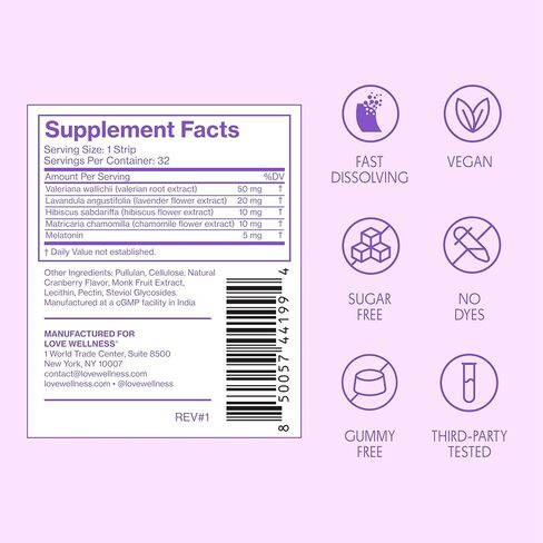 شرائح Love Wellness Sleep* سريعة الذوبان - دعم النوم سريع الذوبان مع الميلاتونين والنباتات المهدئة - تعزز النوم المريح* - لا حاجة إلى الماء - نباتي وخالي من السكر - 32 شريطًا in Kuwait