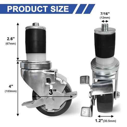 مجموعة عجلات طاولة إعدادية مقاس 3 بوصات من MySit مكونة من 4 عجلات جذعية ممتدة مع فرامل جانبية تناسب 1-1/2 بوصة، 1-5/8 بوصة، 1-3/4 بوصة، 1-7/8 بوصة أرجل أنبوب أنبوب معرف لعربة المطبخ المصنوعة من الفولاذ المقاوم للصدأ، ورفوف رفوف الأسلاك in Kuwait
