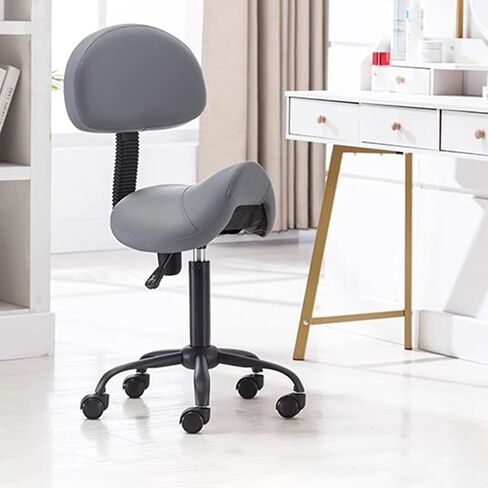 Adjustable Saddle Chair with Lumbar Support, Ergonomic Rolling Stool for Office/Home/Shop, Dark Gray Leather, Height 16.8"-20.9", Swivel Design with Backrest in Saudi Arabia