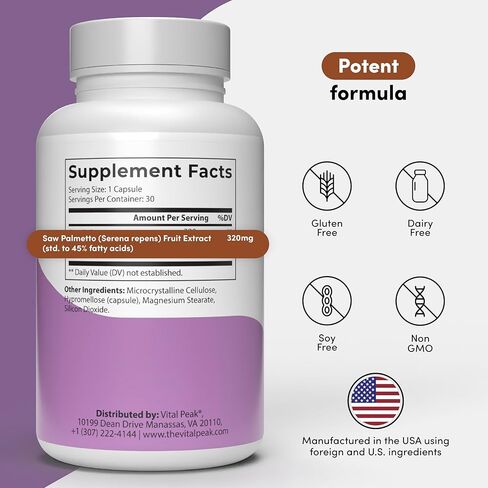 Vital Peak® Saw Palmetto Peak 320 مجم - مكمل عشبي لنمو الشعر وصحة المسالك البولية - نباتي، خالي من الغلوتين، خالي من منتجات الألبان، غير معدل وراثيًا - 30 كبسولة in Kuwait