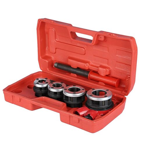 Pipe Threading Kit 4 Dies with 2 Handle, Ratchet Head for 1/2, 3/4, 1, 1-1/4 Inch Pipe Threads, Cast Iron, Swarf Removal Holes, Plastic Box for Storage in Saudi Arabia
