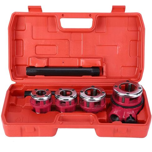 Pipe Threading Kit 4 Dies with 2 Handle, Ratchet Head for 1/2, 3/4, 1, 1-1/4 Inch Pipe Threads, Cast Iron, Swarf Removal Holes, Plastic Box for Storage in Saudi Arabia