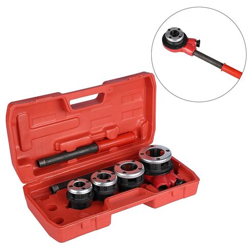 Pipe Threading Kit 4 Dies with 2 Handle, Ratchet Head for 1/2, 3/4, 1, 1-1/4 Inch Pipe Threads, Cast Iron, Swarf Removal Holes, Plastic Box for Storage in Saudi Arabia