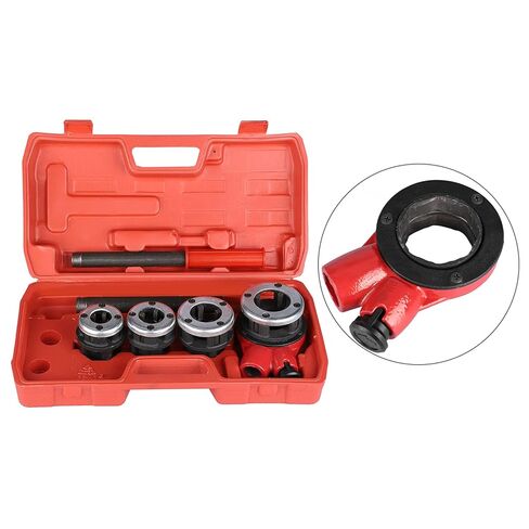Pipe Threading Kit 4 Dies with 2 Handle, Ratchet Head for 1/2, 3/4, 1, 1-1/4 Inch Pipe Threads, Cast Iron, Swarf Removal Holes, Plastic Box for Storage in Saudi Arabia