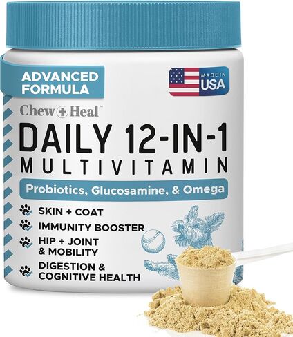 12-in-1 Multivitamin Powder for Dogs - 5.4 oz of Puppy and Senior Dog Vitamins and Supplements - Advanced Formula with Glucosamine, Omega 3,6,9, Vitamins, Probiotics, and More - Made in The USA in Saudi Arabia