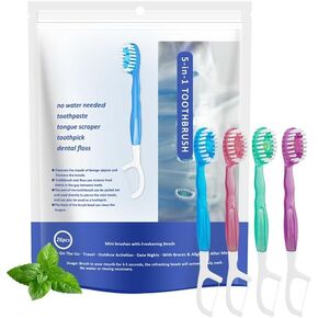 فرشاة أسنان صغيرة للاستعمال مرة واحدة مع معجون أسنان 26 قطعة، فرشاة أسنان محمولة 5 في 1 للسفر مع معجون أسنان + مكشطة لسان + أعواد + حقيبة سفر للخيط (مزيج من 5 نكهات، 26) in Kuwait