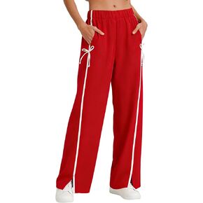 Hongsui Women's Striped Wide Leg Pants Bow Tie Knot Sweatpants Elastic Waist Baggy Track Pants with Pockets in Kuwait