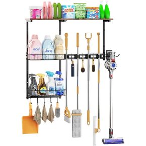 Broom Holder Wall Mount，Mop Rack With Storage Basket,Diversity Laundry Room Cleaning Tool Storage container，Suitable Family Garage Kitchen Organization Wall-Mounted Rack (Black, Medium) in Saudi Arabia