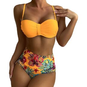 High Waisted Bikini Set, Orange Bandeau Top with Tropical Floral Bottom Swimwear, Two Piece Swimsuit Summer Beachwear PQ23001 in Saudi Arabia