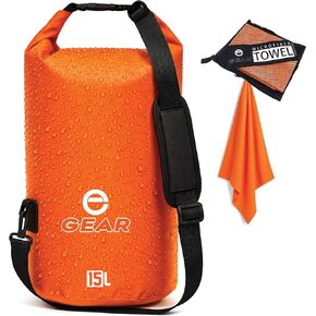 حقيبة جافة من متحمسون جير سعة 15 لتر - كيس جاف عائم مقاوم للماء للتجديف بالكاياك وركوب القوارب والتخييم والشاطئ - تتضمن منشفة من الألياف الدقيقة سريعة الجفاف (أخضر) in Kuwait