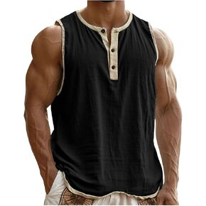 Men's Sleeveless Round Neck Vest Cotton Linen Button Casual Solid Summer Tank Top Breathable Lightweight T-Shirt in Kuwait