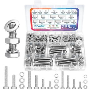 مجموعة متنوعة من البراغي والصواميل السداسية 265 قطعة، 1/4-20، 5/16-18، 3/8-16 براغي وصواميل سداسية متنوعة، مجموعة غسالات مسطحة وقفل، 304 مجموعة براغي من الفولاذ المقاوم للصدأ (مجموعة براغي سداسية وصواميل فضية) in Kuwait
