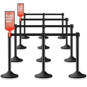 12 Pack Crowd Control Barriers Stanchions with 10 ft Retractable Belts - Heavy-Duty Base Stanchions for Queue Management in Airports, Theaters, Hotels, and Retail Stores(Black, 12 Pack) in Kuwait