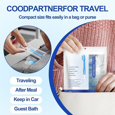 فرشاة أسنان صغيرة للاستعمال مرة واحدة مع معجون أسنان 26 قطعة، فرشاة أسنان محمولة 5 في 1 للسفر مع معجون أسنان + مكشطة لسان + أعواد + حقيبة سفر للخيط (مزيج من 5 نكهات، 26) in Kuwait